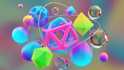 Vibrant arrangement 3D geometric shapes float, intertwined by thin, metallic swirls