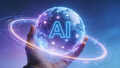Hand Holding Holographic AI Globe with Neural Network and Orbiting Ring, AI Text for Intelligent Automation, Digital Process Optimization, and Workflow Orchestration in High-Tech Business.