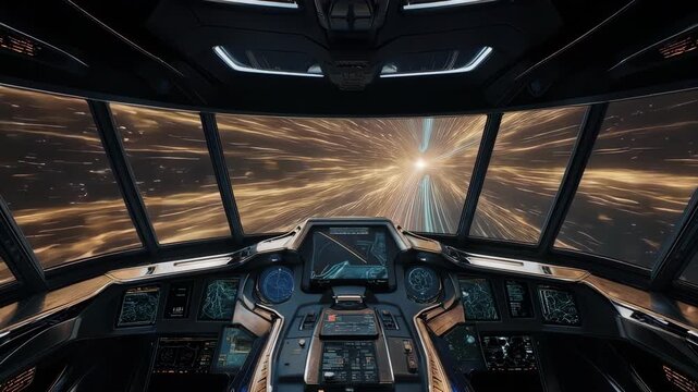 View from a modern spaceship cockpit accelerating through a cosmic warp tunnel