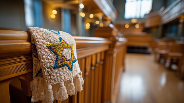 Prayer shawl tallit hanging in synagogue interior with Star of David, defocused Jewish worship space, Hebrew religious interior, Judaic spiritual sanctuary, temple textile display,