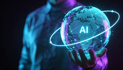 Hand Holding Holographic AI Globe with Neural Network and Orbiting Ring, AI Text for Intelligent Automation, Digital Process Optimization, and Workflow Orchestration in High-Tech Business.