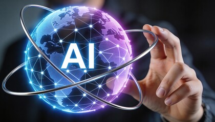 Hand Holding Holographic AI Globe with Neural Network and Orbiting Ring, AI Text for Intelligent Automation, Digital Process Optimization, and Workflow Orchestration in High-Tech Business.