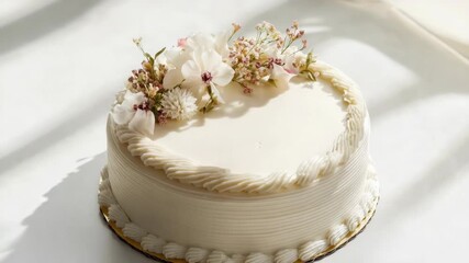 A beautifully decorated three-tiered cake with a delicate white flower arrangement and swirling icing on a white table, giving off a serene ambiance.