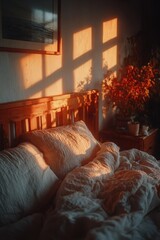 Messy bed with unmade linen sheets and pillows in cozy bedroom interior at sunrise, warm golden hour sunlight through window creating long shadows, slow living morning aesthetic