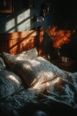 Cozy bedroom with textured pillows and messy duvet in warm sunlight, rustic wooden headboard and dried flowers in moody interior, morning sun flare on bed sheets, slow living decor