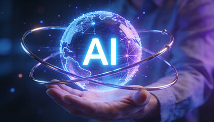 Hand Holding Holographic AI Globe with Neural Network and Orbiting Ring, AI Text for Intelligent Automation, Digital Process Optimization, and Workflow Orchestration in High-Tech Business.