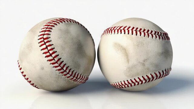 Two baseballs with red stitching up close against a white background.