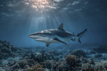 Fototapeta premium Shark swimming above coral reef in clear ocean water with sunlight rays penetrating surface, showcasing marine predator in natural underwater habitat with diverse coral formations