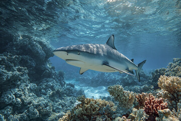 Fototapeta premium Shark swimming underwater above coral reef in clear blue ocean water with sunlight reflecting on surface creating serene marine scene