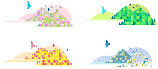四季の移ろいを感じる山々の風景イラストセット。春の桜、夏の緑、秋の紅葉、冬の雪