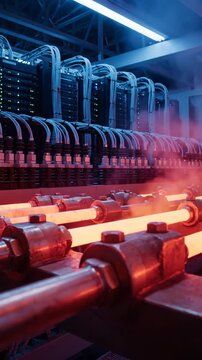 Close-up of glowing high-current power busbars emitting heat and steam