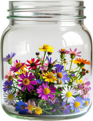 Colorful wildflowers in glass jar isolated on white background