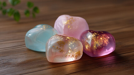 Four translucent heart-shaped crystals with gold flakes are arranged on a warm wooden table, creating a romantic and elegant still life.