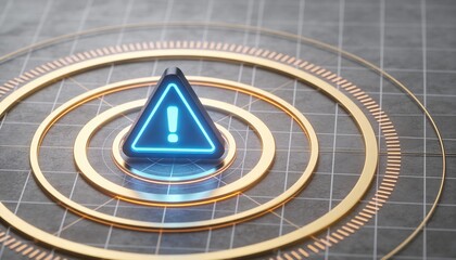 Glowing Triangular Alert Icon over Concentric Rings on Grid Surface representing Real-Time Fraud Prevention, Anomaly Detection, Cyber Security Monitoring, and Digital Threat Identification