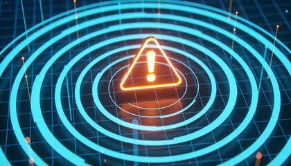 Glowing Triangular Alert Icon over Concentric Rings on Grid Surface representing Real-Time Fraud Prevention, Anomaly Detection, Cyber Security Monitoring, and Digital Threat Identification