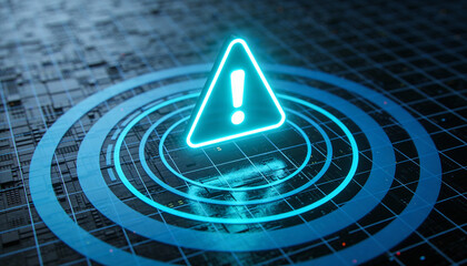 Glowing Triangular Alert Icon over Concentric Rings on Grid Surface representing Real-Time Fraud Prevention, Anomaly Detection, Cyber Security Monitoring, and Digital Threat Identification