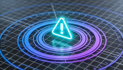 Glowing Triangular Alert Icon over Concentric Rings on Grid Surface representing Real-Time Fraud Prevention, Anomaly Detection, Cyber Security Monitoring, and Digital Threat Identification
