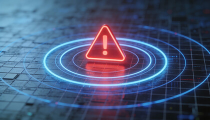 Glowing Triangular Alert Icon over Concentric Rings on Grid Surface representing Real-Time Fraud Prevention, Anomaly Detection, Cyber Security Monitoring, and Digital Threat Identification