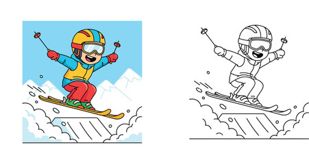 Fototapeta premium Dynamic Cartoon Skier Jumping in Mid-Air Over Snow Ramp