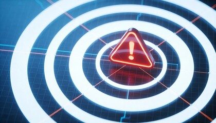 Glowing Triangular Alert Icon over Concentric Rings on Grid Surface representing Real-Time Fraud Prevention, Anomaly Detection, Cyber Security Monitoring, and Digital Threat Identification