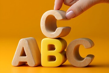 Stacked wooden and plastic alphabets on orange background