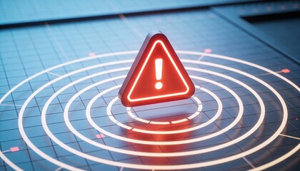Glowing Triangular Alert Icon over Concentric Rings on Grid Surface representing Real-Time Fraud Prevention, Anomaly Detection, Cyber Security Monitoring, and Digital Threat Identification