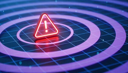 Glowing Triangular Alert Icon over Concentric Rings on Grid Surface representing Real-Time Fraud Prevention, Anomaly Detection, Cyber Security Monitoring, and Digital Threat Identification