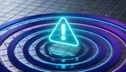 Glowing Triangular Alert Icon over Concentric Rings on Grid Surface representing Real-Time Fraud Prevention, Anomaly Detection, Cyber Security Monitoring, and Digital Threat Identification