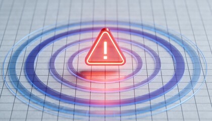 Glowing Triangular Alert Icon over Concentric Rings on Grid Surface representing Real-Time Fraud Prevention, Anomaly Detection, Cyber Security Monitoring, and Digital Threat Identification