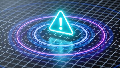Glowing Triangular Alert Icon over Concentric Rings on Grid Surface representing Real-Time Fraud Prevention, Anomaly Detection, Cyber Security Monitoring, and Digital Threat Identification