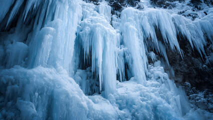 Frozen waterfall with icicles hanging from rocky cliff close-up view
