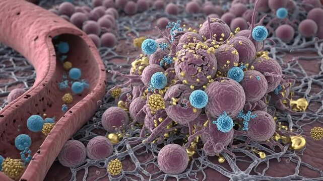 Scientific 3D rendering of cancer cells and nanoparticle interaction.