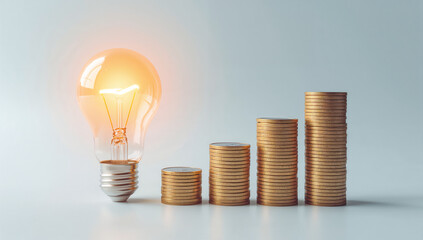 A glowing light bulb next to piles of coins, symbolizing the link between creativity, money, and business growth