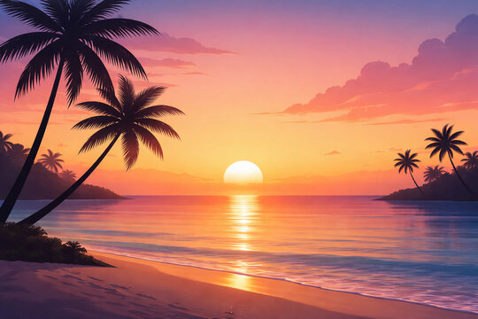 Premium vector illustration of a calm tropical sea at sunset with soft golden light reflections on the water and minimal palm tree silhouettes. Smooth gradient sky creates a peaceful and elegant tropi