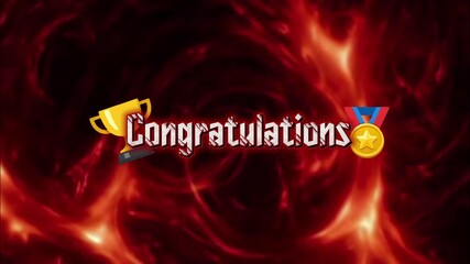 Congratulations text animation with trophy and gold medal icons on red abstract fire energy background - Powered by Adobe