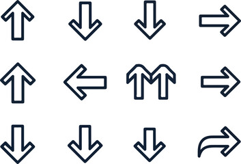 Collection of Simple Arrow Icons Pointing in Various Directions for Navigation and Interface Design
