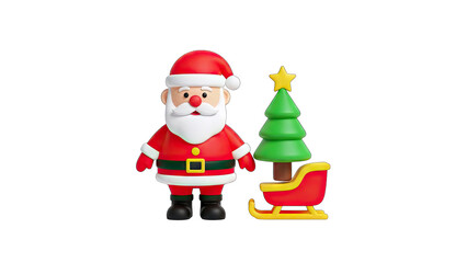 Obraz premium 3D Santa Claus with Christmas Tree and Sleigh on White Background