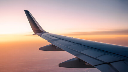 Obraz premium Airplane Window View of Wing at Golden Sunset Creating Peaceful Travel Mood