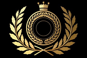 Golden Crown Emblem with Laurel Wreath on Black Background