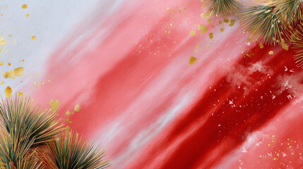 Abstract background with vibrant red and pink brushstrokes, adorned with golden splatters and festive pine needles, creating an elegant holiday design.