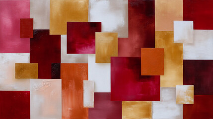 Textured abstract painting with overlapping geometric rectangles in warm red, orange, gold, and white, creating a dynamic modern artwork.