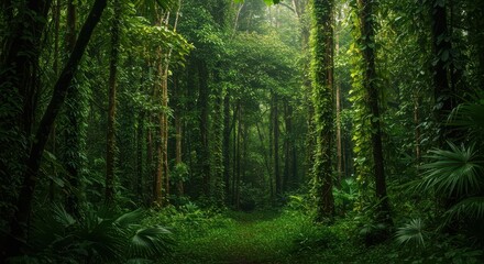 Obraz premium Dense tropical rainforest background featuring lush green exotic foliage, vines, and natural textures ideal for nature concepts and serenity, forest, jungle, serene