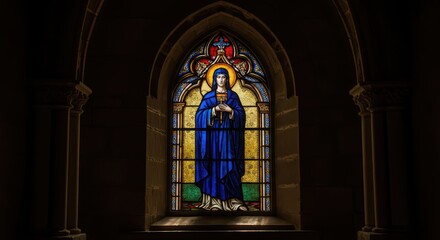 Intricate stained glass featuring a revered figure in blue robes, illuminated by strong daylight filtering into the ancient architectural setting, artwork, devotional, artistry