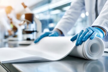 Laboratory research with scientist handling scientific papers and microscopes
