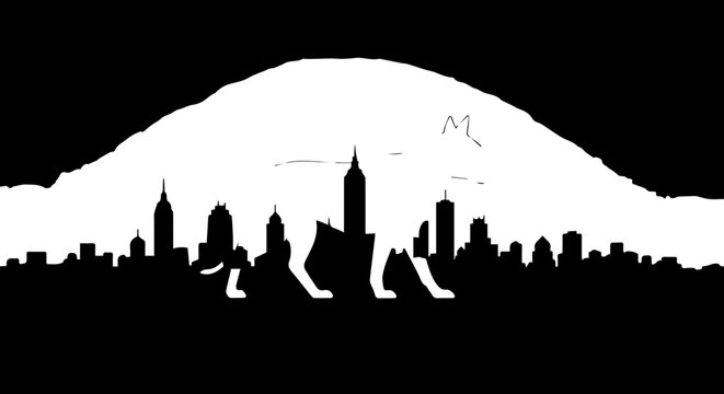 Powerful wolf silhouette emerges from urban skyline against a colossal moon, symbolizing wildness in the city.