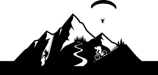 Dynamic mountain adventure scene with rock climber, mountain biker, and paraglider capturing thrilling outdoor sports excitement and freedom © TOP-EDGE DESIGNS