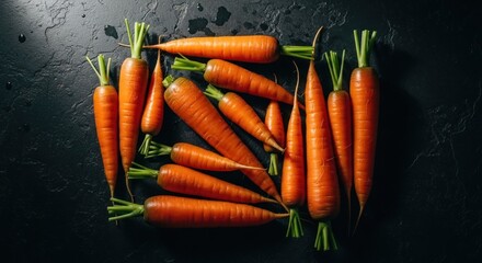 Fresh carrots arranged in a square on a dark surface