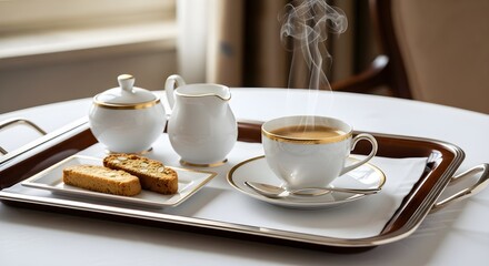Fototapeta premium Elegant Breakfast in Bed: Coffee, Pastries & Cream Set on Silver Tray - Cozy Morning