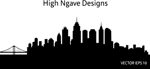 Obraz premium Captivating city skyline silhouette featuring iconic skyscrapers and a majestic bridge, perfect for urban branding and architectural projects