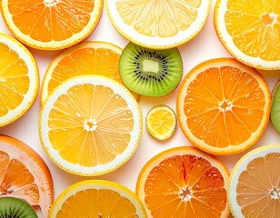 Obraz premium Vibrant and refreshing assortment of sliced citrus fruits including oranges, lemons, and grapefruits, perfectly arranged for a healthy and fresh culinary experience